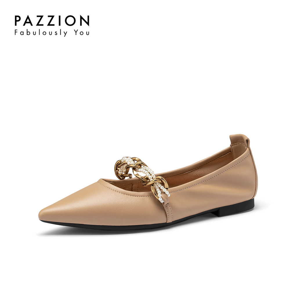 PAZZION รองเท้ามาริย่านุ่ม ส้นเตารีด หนังแกะแท้ ปลายข้อเท้าแหลม พ่วงสายพู่หิน เพอร์เฟคสำหรับสวมใส่ง่