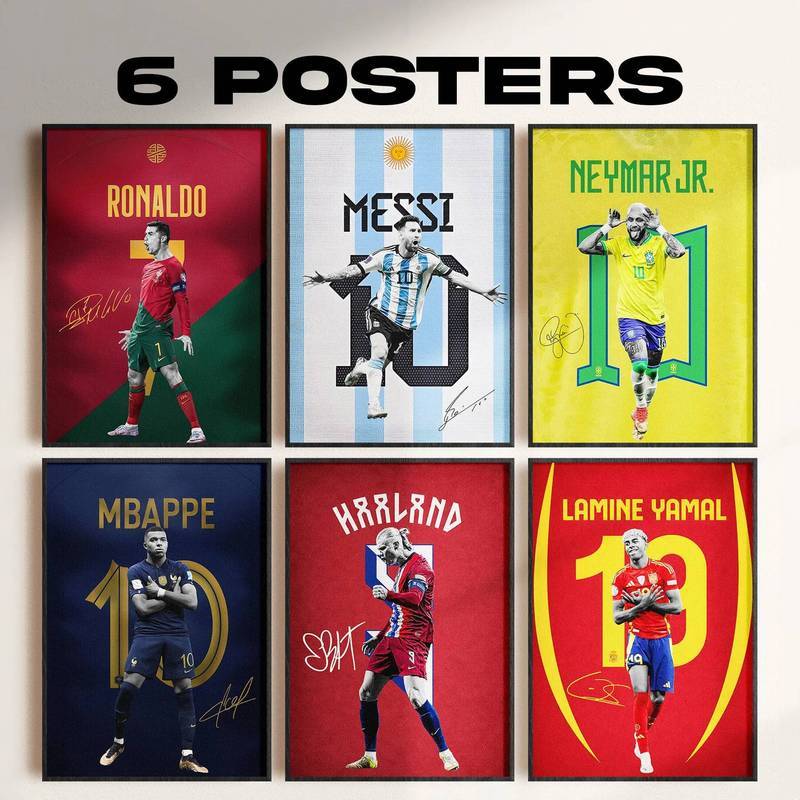 ชุดโปสเตอร์ลายเซ็นนักฟุตบอลตำนานทีมชาติ 6 ชิ้น ประกอบด้วยโรนัลโด้ เมสซี เนย์มาร์ มบัปเป้ ฮาแลนด์ ลิมิน ยามาล พิมพ์ลายธงชาติและเสื้อทีม ทำจากผ้าใบใช้ตกแต่งผนัง