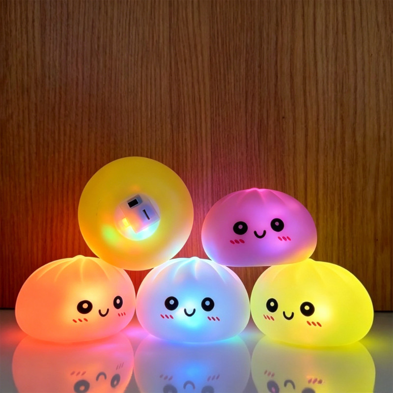 Sparkly Glitter Bead Inside Bun Squish, Cute Face LED Light Squeeze ของเล่นพร้อมกล่องนึ่งขนาดเล็ก