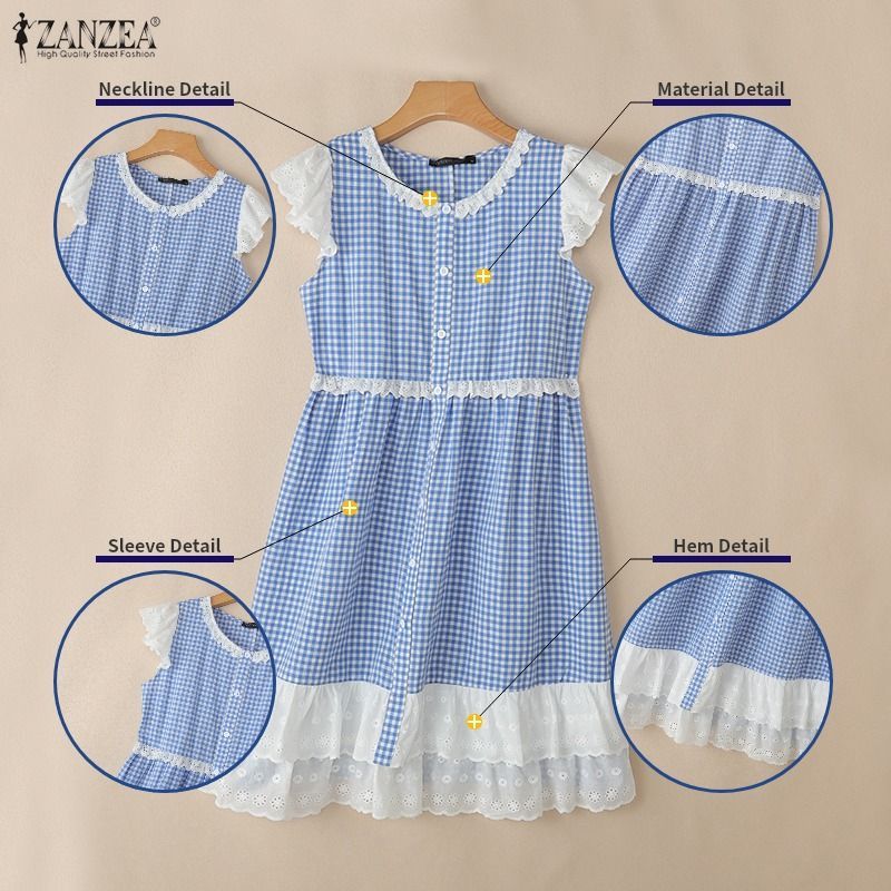 ZANZEA ชุดเดรสคอกลมลําลองสไตล์เกาหลีของผู้หญิง Ruffles Patchwork Checkered Dress — صورة 7