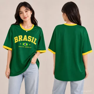 เสื้อบอลแฟชั่นผู้หญิง Brazil สีเหลืองเขียว คอกลม แขนสั้น ทรงโอเวอร์ไซส์ ผ้านิ่ม ใส่สบาย สไตล์สปอร์ต/ใส่เที่ยว