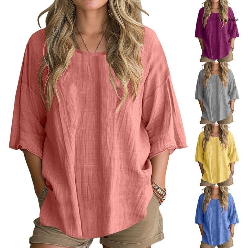 CH* Womens Plus Size Cotton Linen Shirts 3 4 Sleeve Fashion Shirt Crew Neck Casual Loose Fit Beach T
