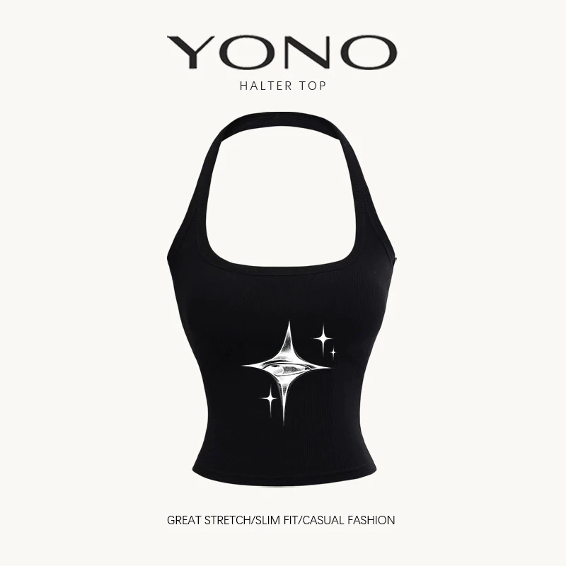 (พร้อมส่ง24ชม.) halter top เสื้อคล้องคอสีดำ ลายดาวประกายสีเงิน ทรงเข้ารูป ฟีล y2k ดาร์กหวานเท่