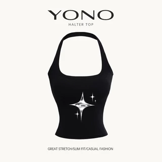(พร้อมส่ง24ชม.) halter top เสื้อคล้องคอสีดำ ลายดาวประกายสีเงิน ทรงเข้ารูป ฟีล y2k ดาร์กหวานเท่