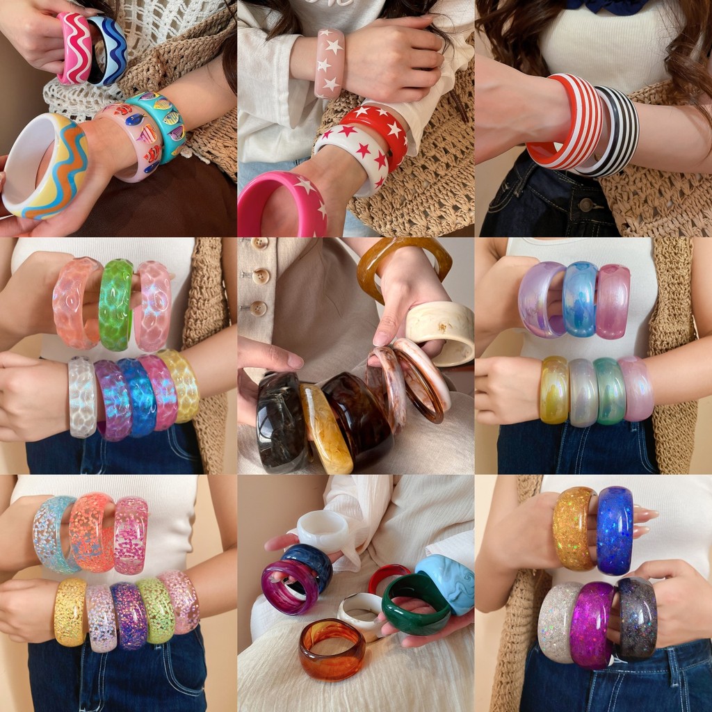 Multi สไตล์เรซิ่นกําไลข้อมือกว้าง,หยักลาย/ดาว/ปลาพิมพ์/หินอ่อน/Holographic Glitter Chunky Cuff, Y2K สีสัน Stackable Statement เครื่องประดับสําหรับผู้หญิง