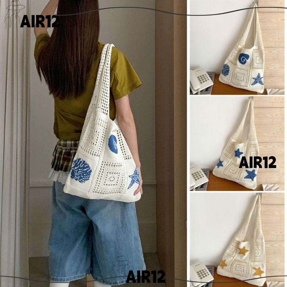 กระเป๋าสะพายถัก AIR, Tote ความจุขนาดใหญ่ Hollow, Casual ถักสีเบจสีน้ําตาลการ์ตูนปลาดาว Bucket Bag ผู้หญิง