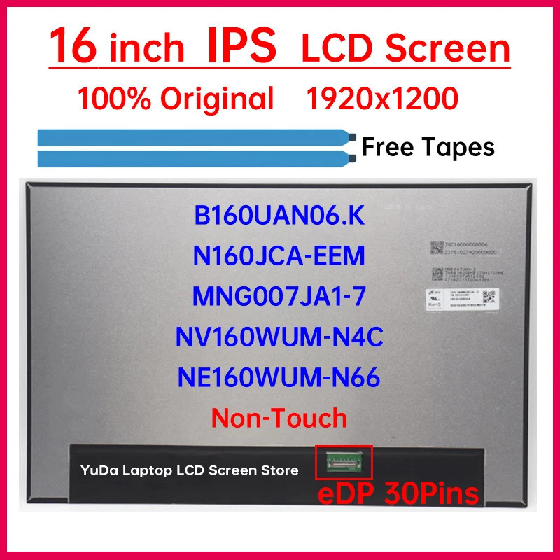 หน้าจอ LCD แล็ปท็อปขนาด 16" NE160WUM-N66 B160UAN06.K MNG007JA1-7 NV160WUM-N4C N160JCA-EEM จอแสดงผลแผ