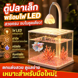 ตู้ปลามินิอะคริลิกโปร่งใสสูง ครบชุดตกแต่ง 3 เฉดสีฟ้า/ชมพู/ใส โคมไฟแสงอบอุ่นไม่ร้อนปลา ฝาปิดกันปลาหนีบหนี