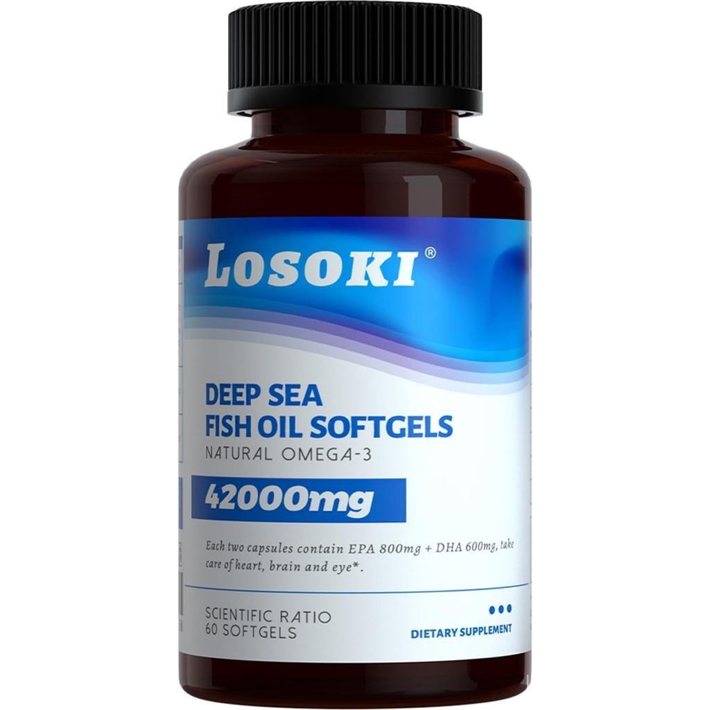 น้ํามันปลาทะเลน้ําลึก Losoki - 1000 มก. EPA & DHA, กรดไขมันโอเมก้า-3, ปลาเคี้ยวป่า, อาหารเสริมซอฟเจลไร้หนามระดับพรีเมียม - 60 กะรัต
