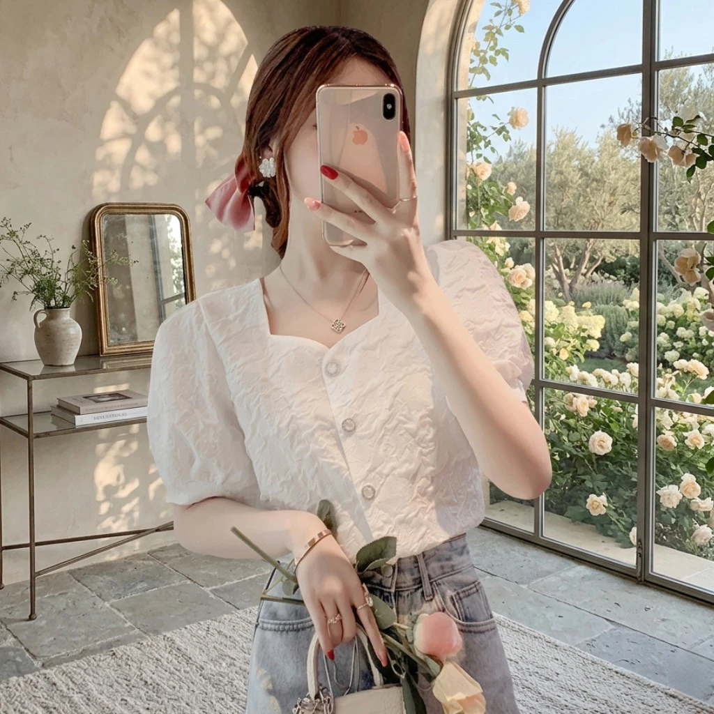 เสื้อเชิ้ตผู้หญิงคอเหลี่ยม แขนตุ๊กตาน่ารัก เสื้อเบลาส์ผ้าชีฟองกระดุมหน้า แฟชั่นเกาหลีใส่ทำงาน ไปคาเฟ่มินิมอล