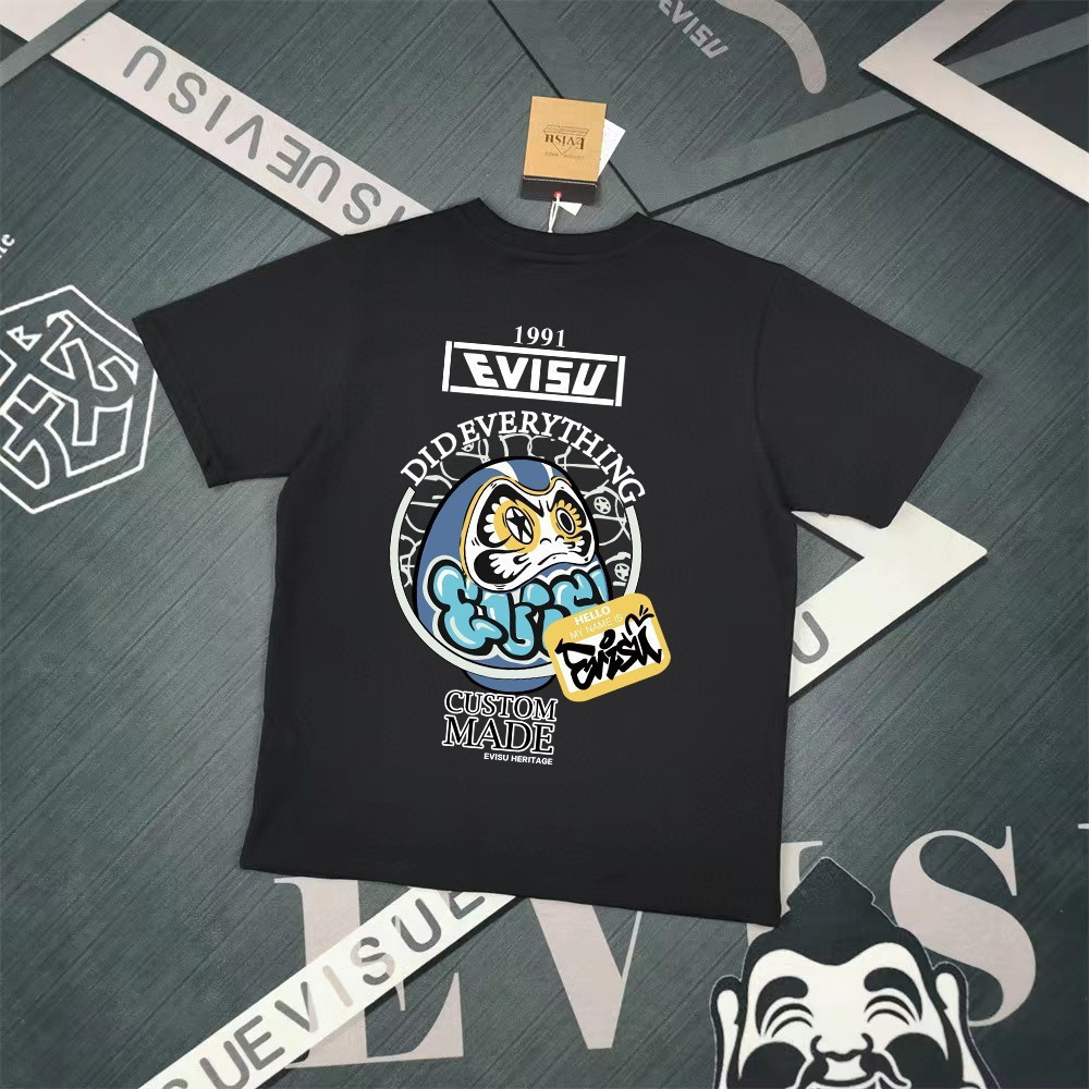 EVISU/God of Fortune 2026 คลาสสิกรอบคอแขนสั้นเสื้อยืดผู้ชายผู้หญิงหนา Impervious กีฬาหลวมสีทึบ 2025 