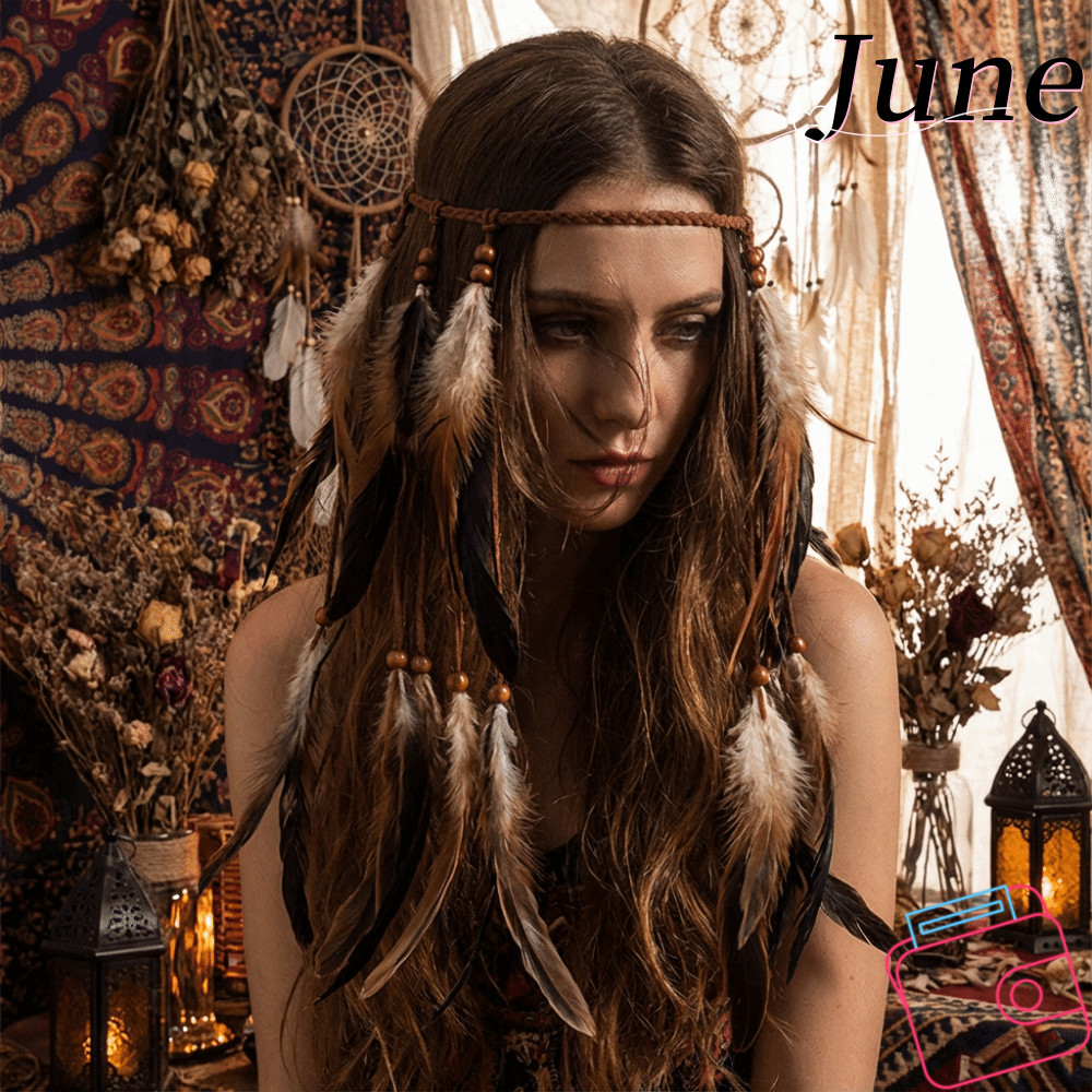 JUNEGOODS ที่คาดผมชนเผ่าอินเดีย, ลูกปัดไม้ Boho Chic ชาติพันธุ์ Headdress, Vintage Handmade Feather พู่อุปกรณ์เสริมผม Bohemian ที่คาดผมงานรื่นเริง
