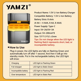 YAMZI แบตเตอรี่ลิเธียม 1.5V AA 3700mWh หรือ AAA 1300mWh แบตเตอรี่แบบชาร์จไฟได้พร้อมช่องชาร์จแบตเตอรี่