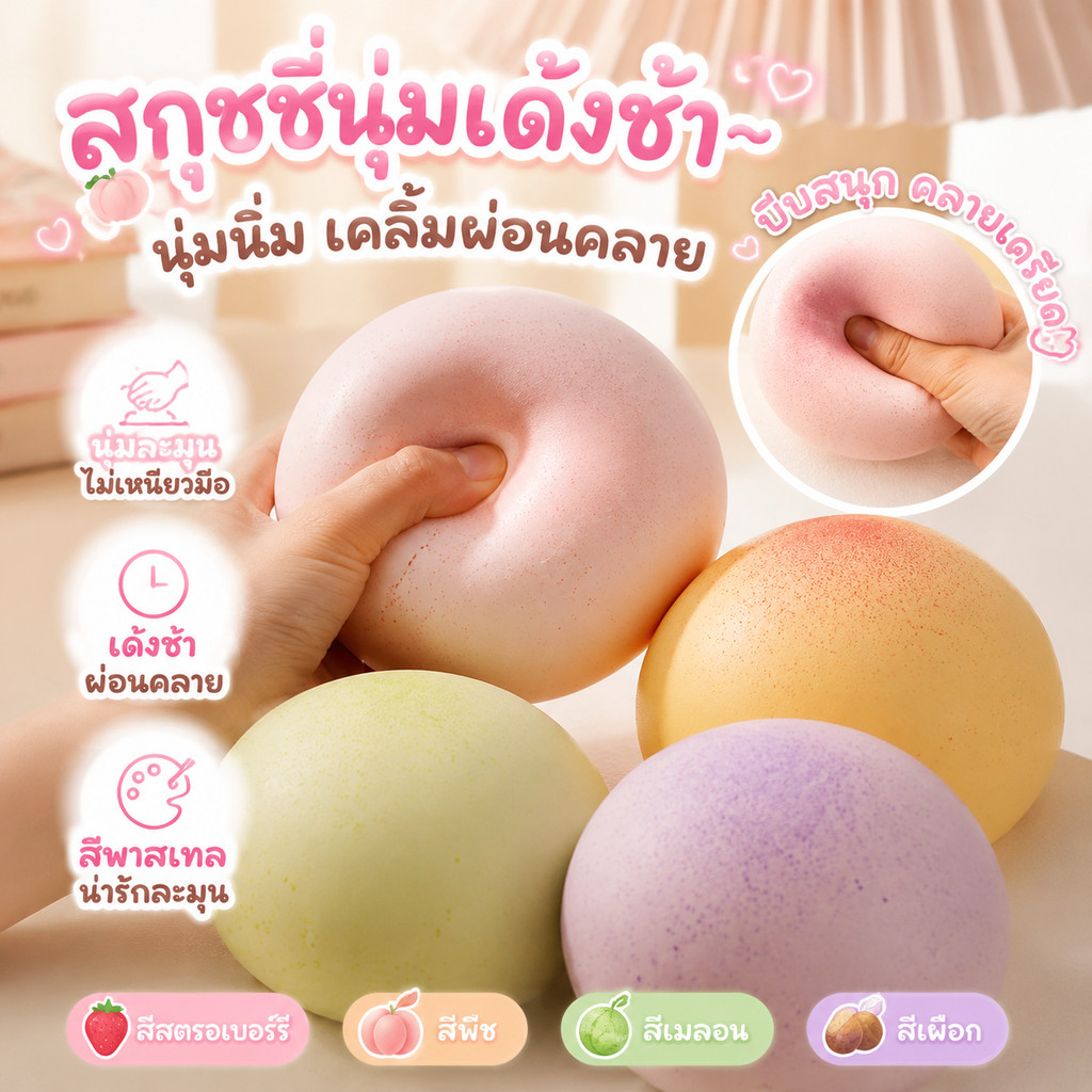 🔥COD🔥สกุชชี่ขนมปังเหนียวหนึบ นุ่มฟื้นตัวช้า สีพาสเทล ของเล่นคลายเครียด ของขวัญน่ารักพกพา