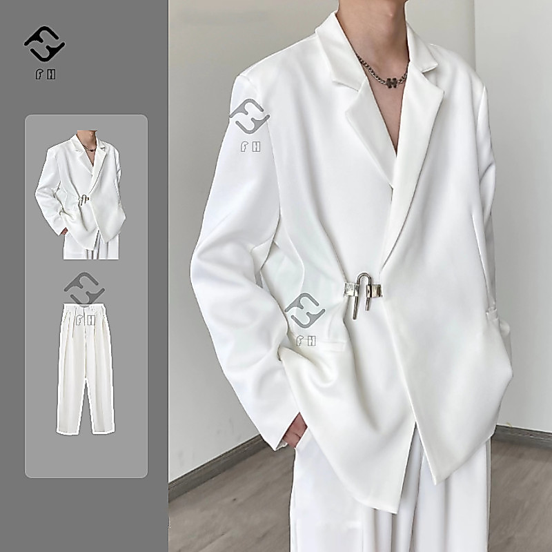 FH เกาหลี สูทผู้ชายสีขาว เสื้อสูทผู้ชาย กางเกงขายาว oversize คุณภาพสูง สุทผู้ชาย ชุดแต่งงาน 2pcs