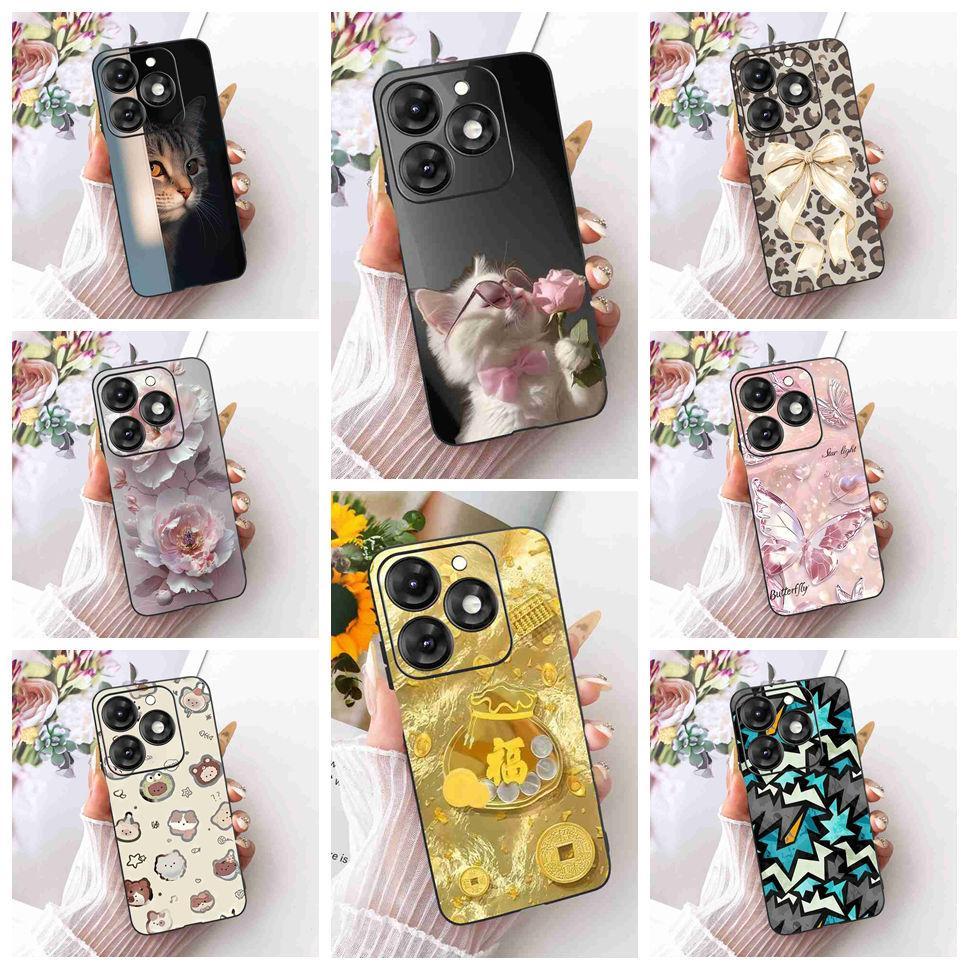 สําหรับ Tecno Spark 20 KJ5 KJ5n กรณี Soft TPU สีดํากันกระแทกสําหรับ Tecno Spark20 6.6 "แฟชั่นแมวดอกไ