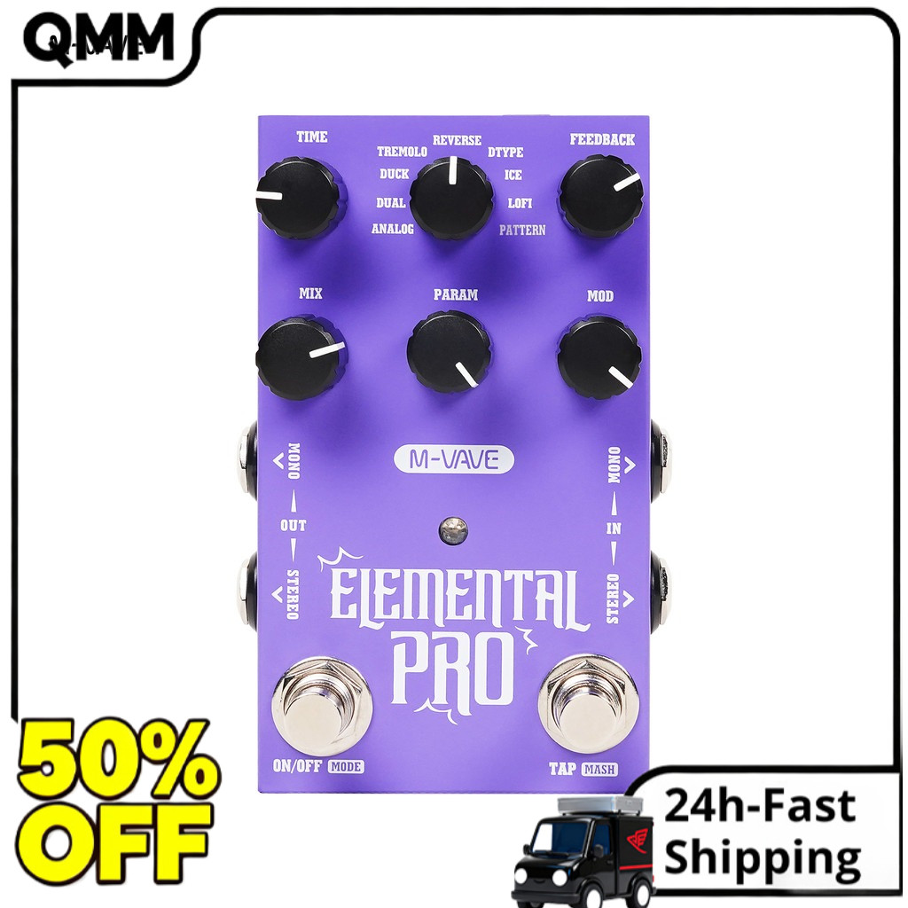 M-VAVE Elemental Pro สเตอริโอ Digital Delay Pedal TAP Tempo & MASH Infinite Sustain 9 Delay ประเภท Ping-Pong สเตอริโอโหมด USB-C & DC 9V สําหรับกีตาร์เบส