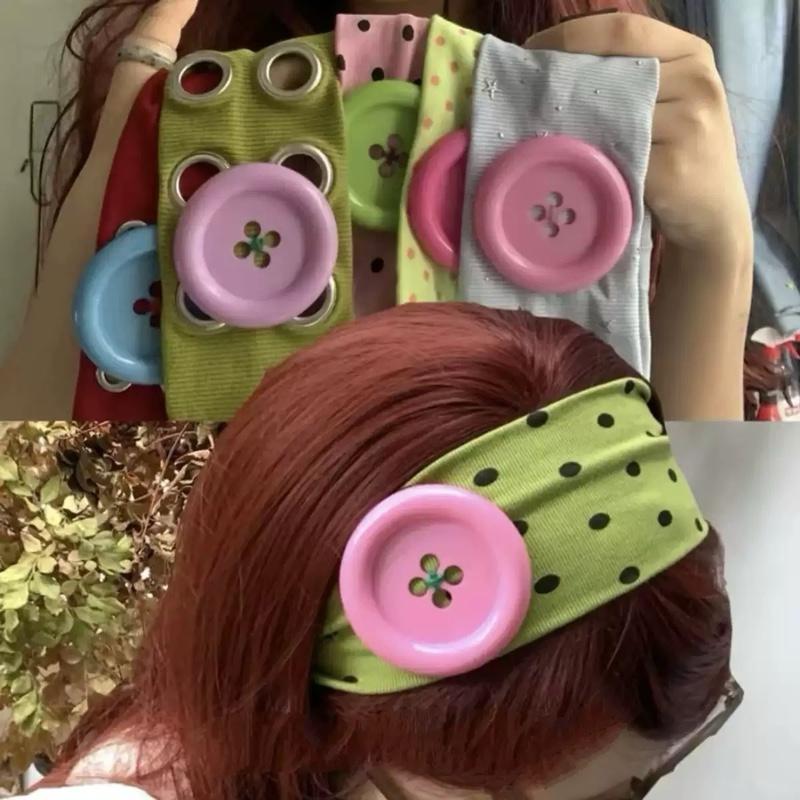 Bentoy-พร้อมส่งในไทย Lace headband ที่คาดผมลูกไม้ยางยืด งานผ้าลายหัวใจติดกระดุมน่ารักมาก สาวY2K