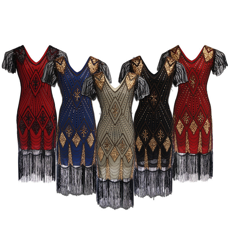 ขายร้อน High-End Sequined Dress Performance Dress 1920 Retro Sequined Dress