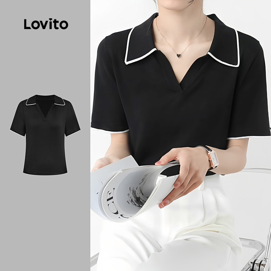 Lovito เสื้อยืดอีเลแกนท์พร้อมดีเทคเข้าชุด สีดำ สำหรับหญิงในฤดูใบไม้ผลิ/ฤดูร้อน L137ED222