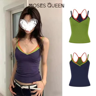 MOSESQUEEN สาวร้อนสไตล์ไทยหลายสีตัดกันเทียมสองชิ้นคอวีเชือกแขวนคอด้านบนพร้อมเสื้อแขนกุดสั้นเข้ารูปสวมใส่ทับ #63860