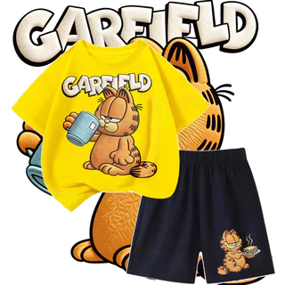 แมวGarfieldกินของอร่อยน่ารักมาก! ชุดใส่บ้านเด็ก 2 ชิ้น ใส่สบาย ไม่รัดหน้าท้อง ซื้อใส่เองหรือส่งของขวัญก็เลิศม