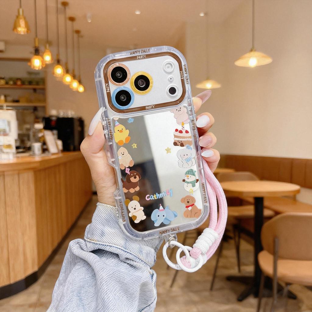 เคสไอโฟน ป้องกันเลนส์ ลายสัตว์การ์ตูนหลากชนิด กระจกมองหน้า มีขาตั้ง แถมสายคล้องชมพู iPhone111518/17ProMax พร้อมส่งJHJMNY