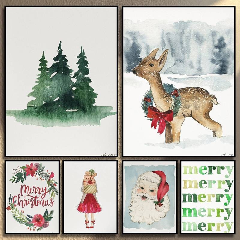 Warm Christmas Festive โปสเตอร์ผ้าใบ Santa Snowman พิมพ์สําหรับวันหยุดตกแต่งบ้าน Art Home Wall Decor โปสเตอร์ผ้าใบ