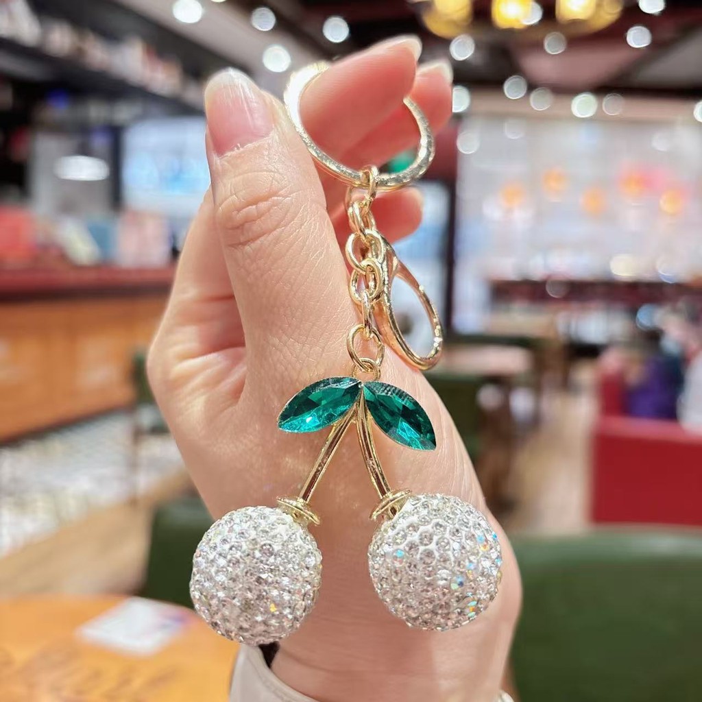 สร้างสรรค์เพชรเต็มขนาดเล็กใบสีเขียวพวงกุญแจเชอร์รี่/แฟชั่นเพชรเชอร์รี่จี้คู่ของขวัญเล็กๆ - รูปที่ 4