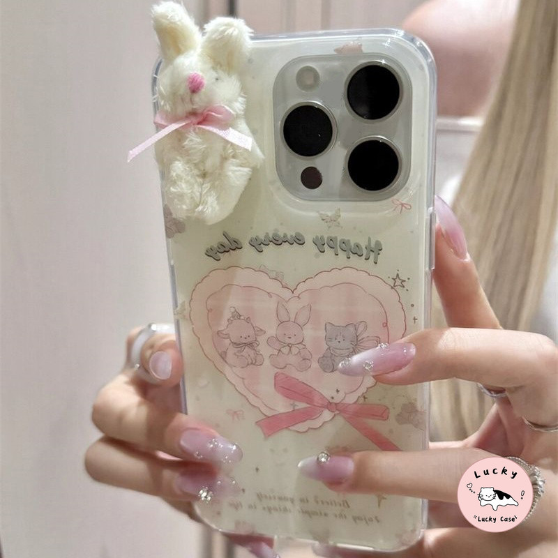 เคสไอโฟน 11 การ์ตูนรักหัวใจกระต่ายน่ารักดอกไม้นุ่ม สำหรับ IPhone 13 15 16 11 12 14 Pro Max 11 12 13 16 Pro 15 14 16 Plus