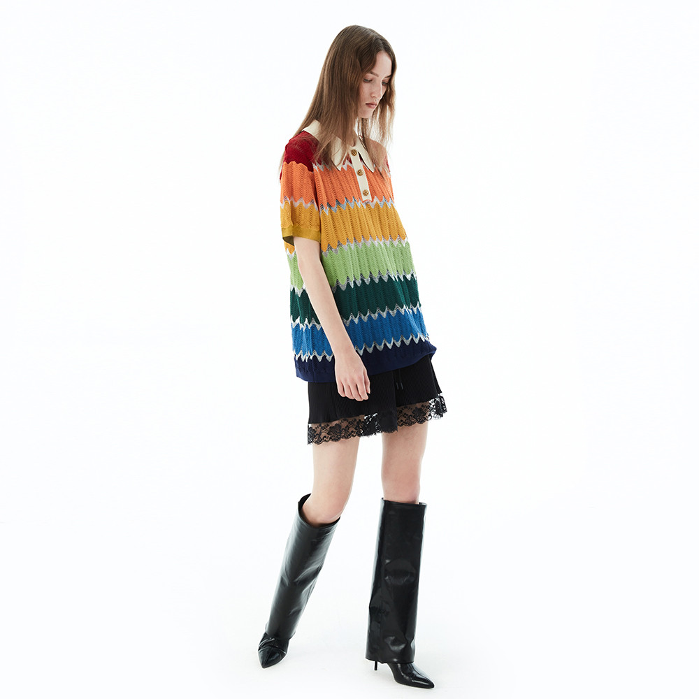 UOOYAA/UOOYAA 2022 ฤดูร้อนสไตล์ใหม่Retro Rainbow Stripesเสื้อโปโลเสื้อถักแขนสั้นเสื้อยืด