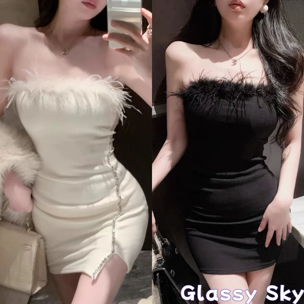 Glass Sky💖พร้อมส่ง💖มินิเดรสจับอก แต่งขนมิงค์ แน่นๆ เซ็กซี่มี 2 สี(FY2563)