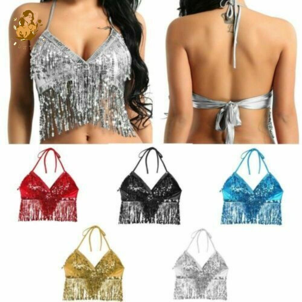BACKSTAGEREAT Belly Dance Bra Women Dance Wear เลื่อมพู่ Halter Bra