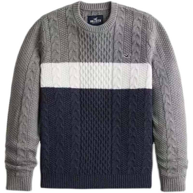Hollister เสื้อกันหนาวผู้ชาย hco เสื้อกันหนาวคอกลมฤดูใบไม้ร่วงฤดูหนาวผ้าฝ้ายแท้ Twist เสื้อกันหนาวขน