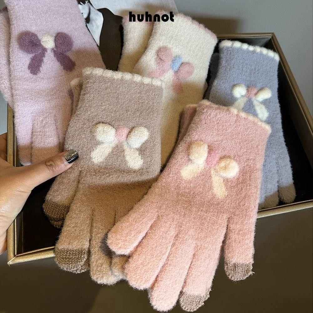 ถุงมือถักBowknot ของHUHNOT สำหรับผู้หญิง ออกแบบเพื่อความอบอุ่นในฤดูหนาว ยืดหยุ่นและนุ่มนวล กันลมและสัมผัสหน้าจอได้