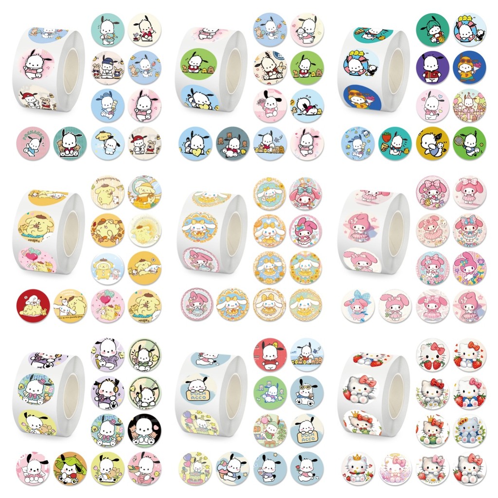 การ์ตูนน่ารัก Kuromi Pochacco Hello Kitty สติ๊กเกอร์ม้วน (1 ม้วน, 500 ชิ้น) - ป้ายกาวสําหรับตกแต่งวารสาร, ซีลซองจดหมาย & Handcraft ใช้