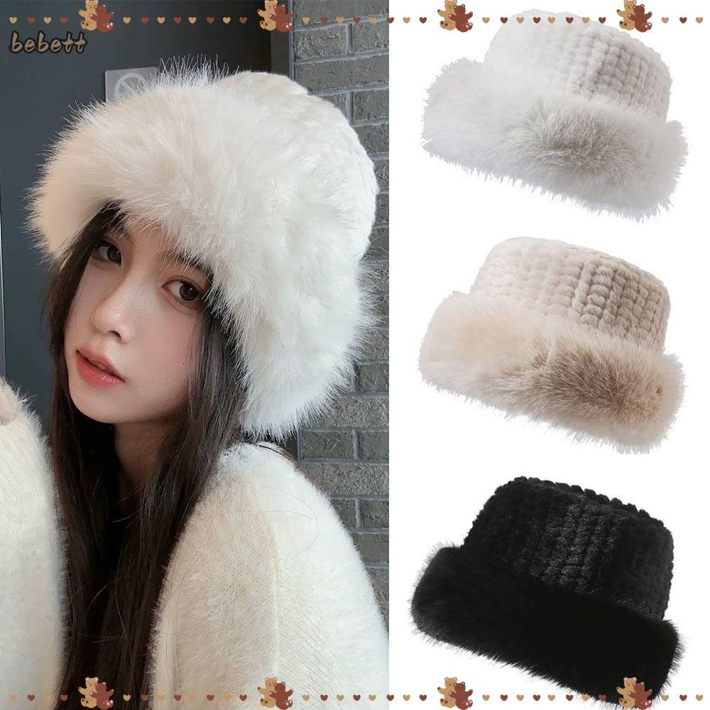 BEBETTERM Fur Hat, Windproof Faux Fur Bucket Hats, Women's Fashion Solid Color Dome Cap Women