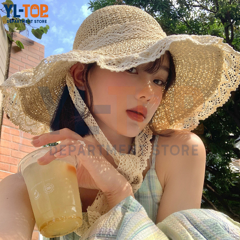 หมวกฟางชายหาดผู้หญิง (พร้อมส่งจากกทม) - ปีกหมวกกว้าง ลูกไม้ออกแบบ - แฟชั่นสไตล์เกาหลีย้อนยุค G3618
