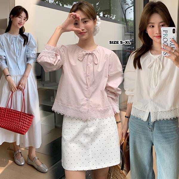 mimi&didi#เสื้อเชิ้ตแขนพองถักลูกไม้คอกลมผูกโบว์สไตล์ฝรั่งเศสสำหรับผู้หญิงฤดูใบไม้ร่วง สไตล์หวาน น่ารัก และทันสมัย#99230