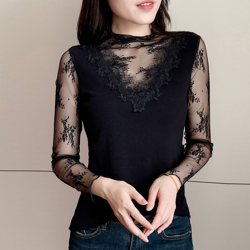 เสื้อยี่เหม่ยแขนยาวลายลูกไม้สีดำ สำหรับฤดูใบไม้ผลิ-ฤดูหนาว ออกแบบมาเพื่อความเซ็กซี่และสวมใส่ง่าย