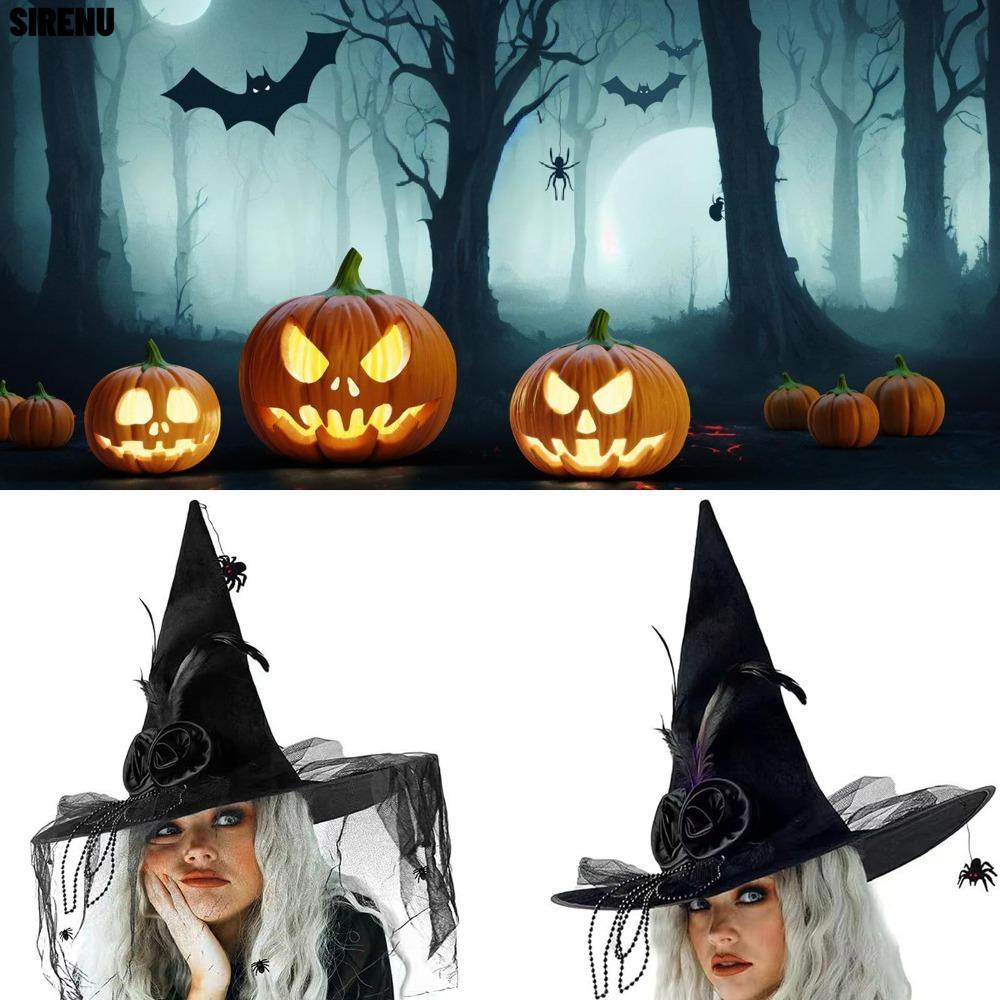 SIRENU หมวกแม่มดฮาโลวีน, ผ้าคลุมหน้าสีดําดอกไม้ Feather Comfort หมวกพ่อมดจีบ, ถักวินเทจแมงมุมสีดําหม