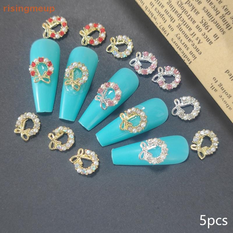 [risingmeup] 5 ชิ้น Garland Bowknot Pearl Zircon Nail Art Charms Rhinestone พวงหรีดคริสต์มาสออกแบบคริสตัลเครื่องประดับตกแต่งเล็บใหม่
