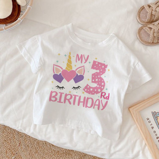 เสื้อยืดแขนสั้น พิมพ์ลายยูนิคอร์น ตัวเลข 1-7 สําหรับเด็ก ใส่…