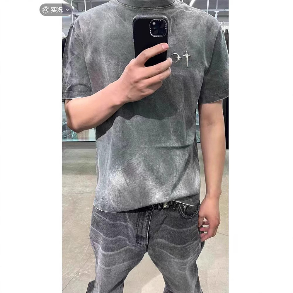 O7EX Thug Club 25ss Vintage Wrinkled Dirty Dyed Tie-Dye Basic Star Moon Metallic logo Short Sleeve T