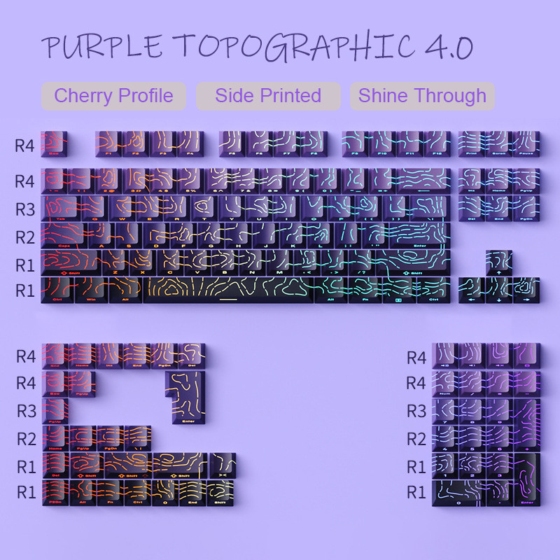 สีม่วง Topographic 4.0 PBT Double Shot Keycaps โปรไฟล์เชอร์รี่พิมพ์ด้านข้าง Shine ผ่าน Keycaps สําหรับ MX Switches คีย์บอร์ด
