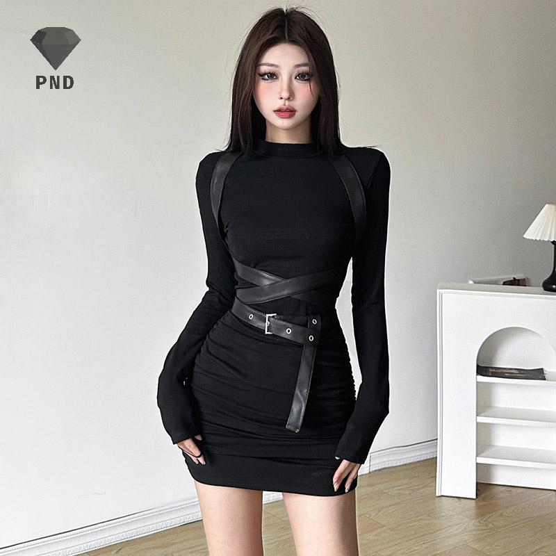 PND ชุดสีดำเซ็กซี่สำหรับผู้หญิง แบบแขนยาวและคอปกเรียบ สไตล์sheath