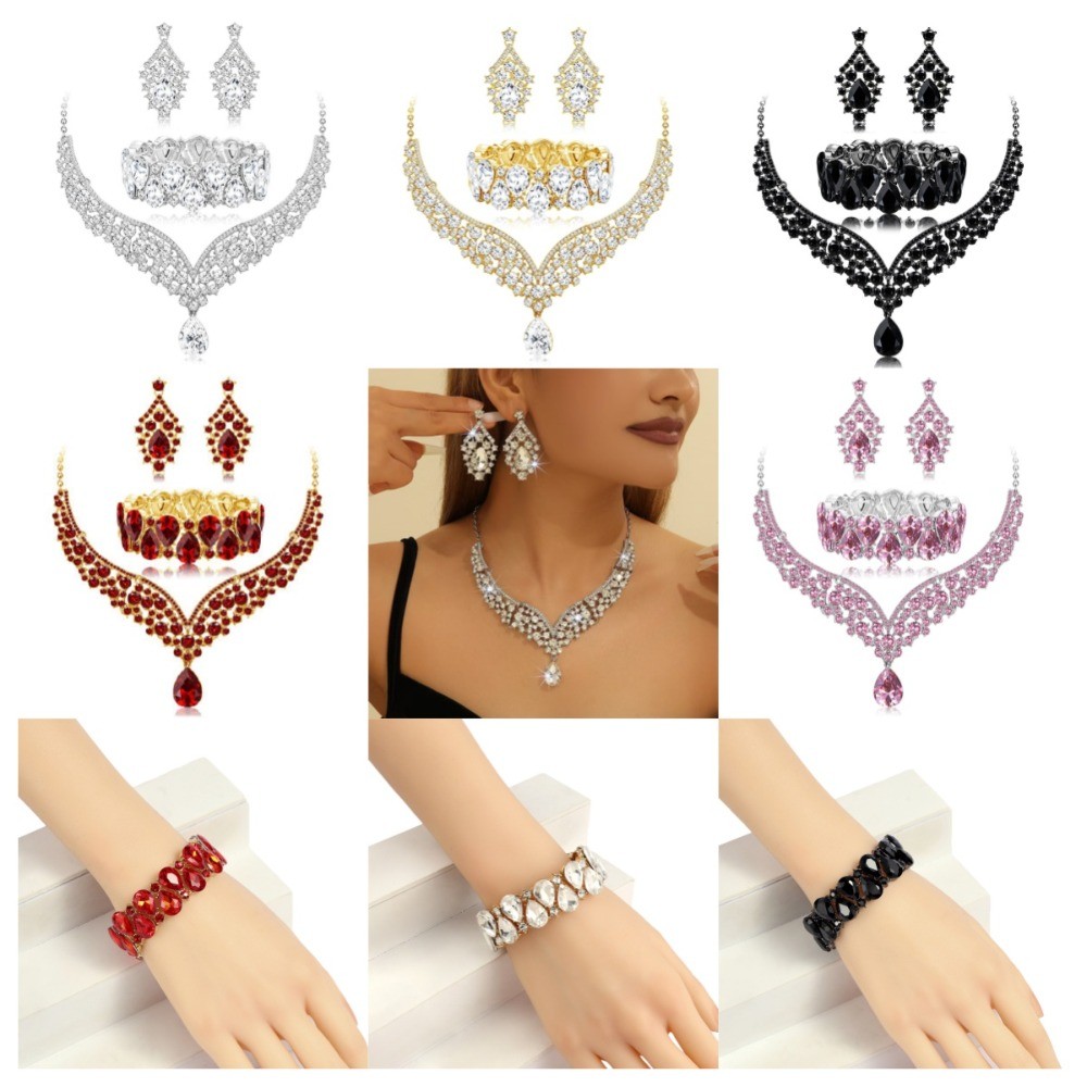 ชุดเครื่องประดับหรูหรา 3 ชิ้น Micro Paved Zircon สร้อยคอมากกว่า, ต่างหู, สร้อยข้อมือ เคลือบเงารักษาสีทนทาน เหมาะสำหรับงานแต่งงานและโอกาสพิเศษทุกวัน