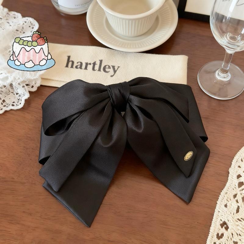 คลิปหางม้าสีดำพร้อมโบว์ซาติน สไตล์หรูหรา สำหรับแต่งผม