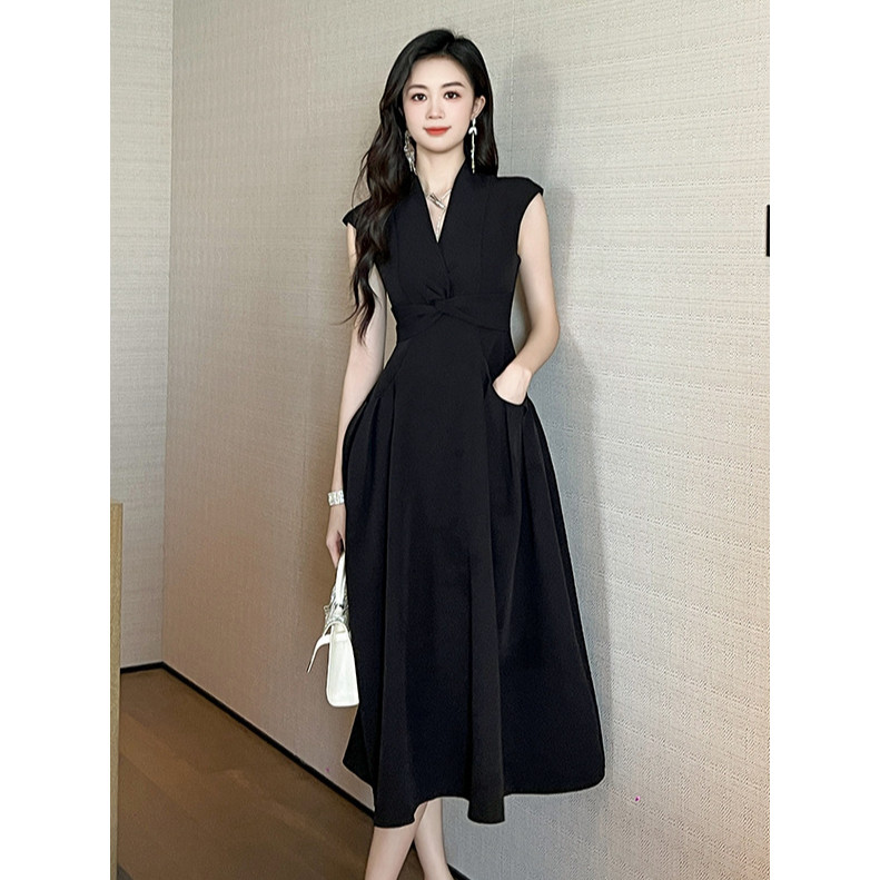 ดํา แขนกุด แฟชั่น ส่สบาย เดรสสาวอวบ ยาว สบายๆ ผู้หญิง หรู คอวีV เดรสน่ารัก summer dress ออกงาน