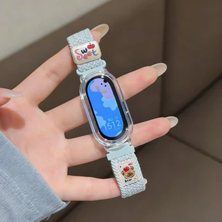 ลูกอม สีน่ารักหมีทอสายไนลอนกรณีสําหรับ เสี่ยวหมี่ For Xiaomi Mi band 10 9 8 สาวน่ารักเปลี่ยนวงสําหรับ For Mi band 7 6 5 4 3 กีฬาวงปก